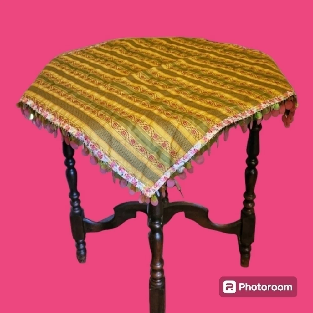 HANDMADE Square Floral Brocade Sequin Fringe Table Cloth